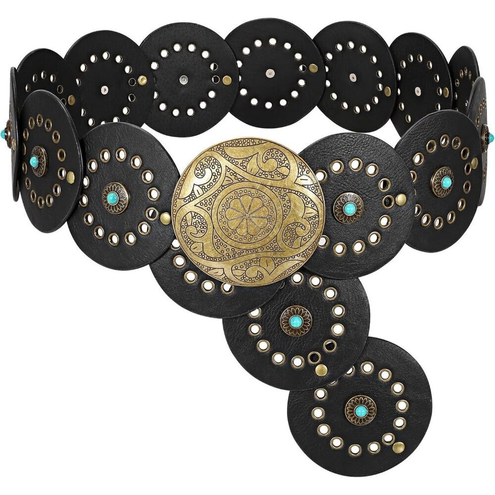 ⚡Women Western Leather Concho Belt Cowgirl Cowboy Disc Boho Wide Waist Belt